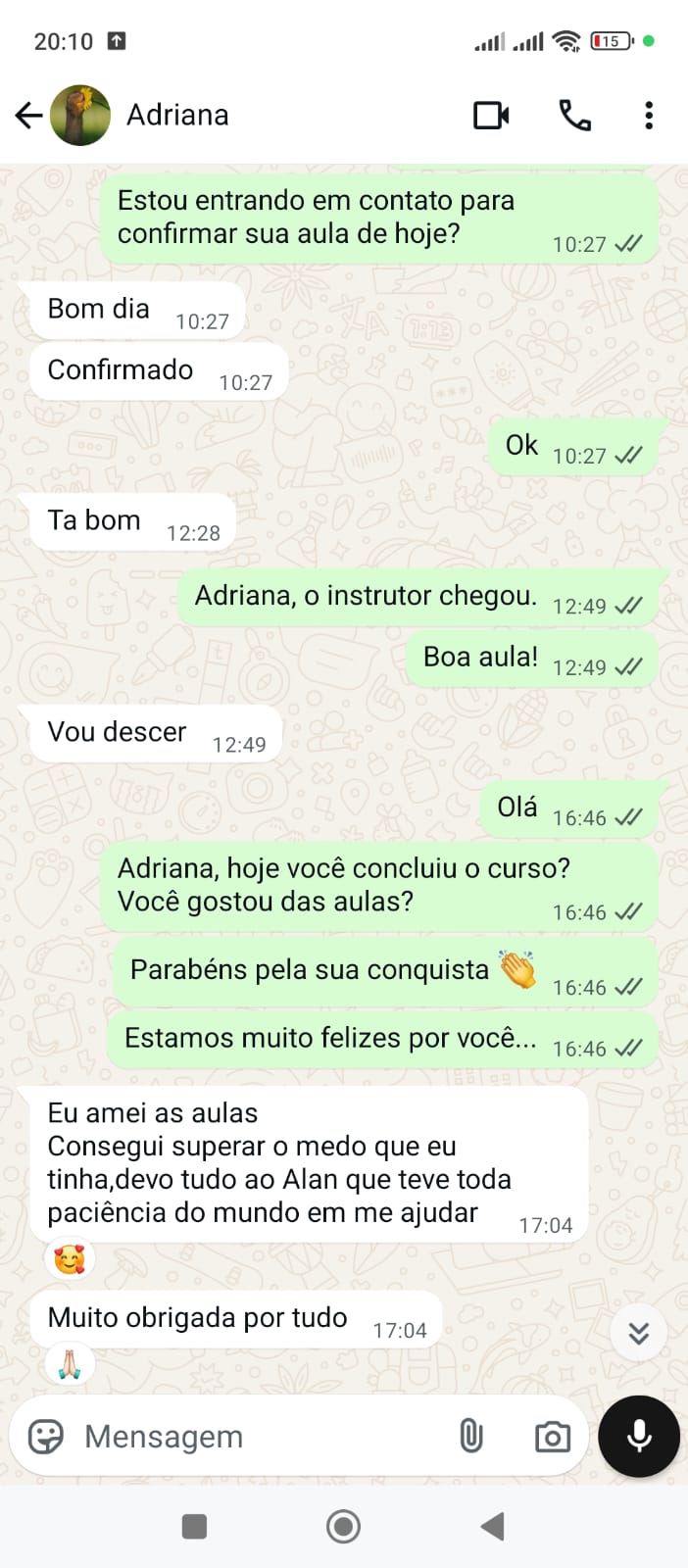 Mensagem de aluna contando que voltou a dirigir depois do treinamento