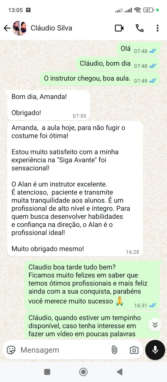 Mensagem de aluna após as aulas particulares da Siga Avante
